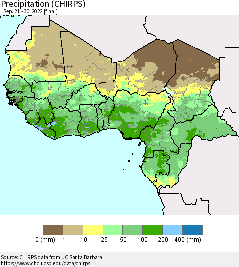 Western Africa Precipitation (CHIRPS) Thematic Map For 9/21/2022 - 9/30/2022