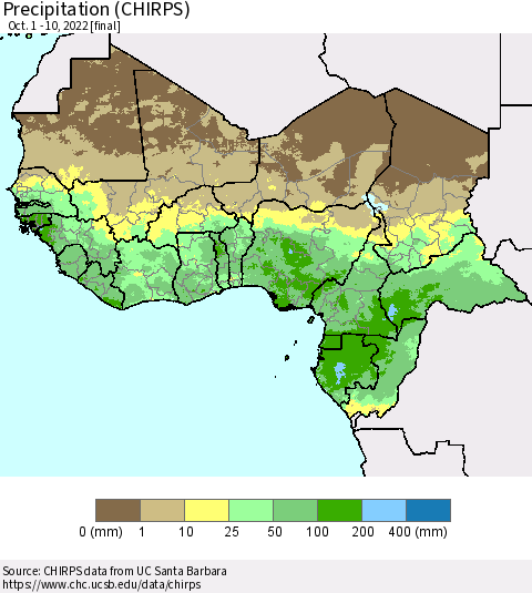 Western Africa Precipitation (CHIRPS) Thematic Map For 10/1/2022 - 10/10/2022