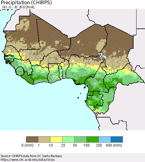 Western Africa Precipitation (CHIRPS) Thematic Map For 10/11/2022 - 10/20/2022