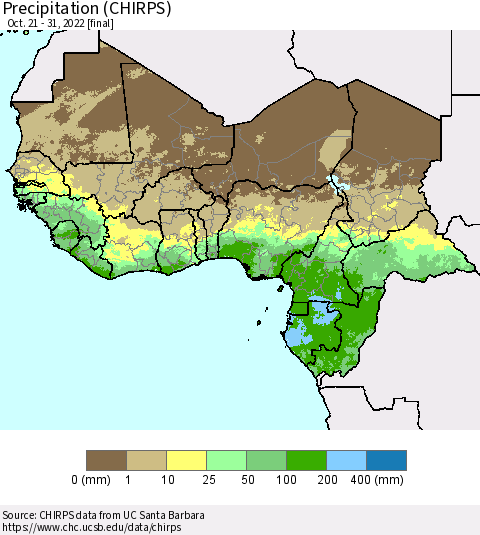 Western Africa Precipitation (CHIRPS) Thematic Map For 10/21/2022 - 10/31/2022