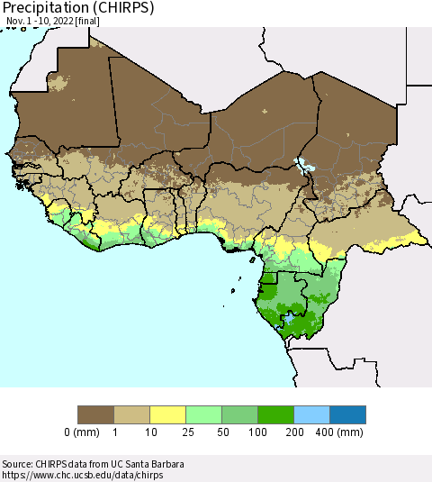 Western Africa Precipitation (CHIRPS) Thematic Map For 11/1/2022 - 11/10/2022