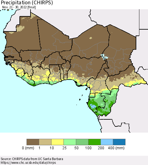 Western Africa Precipitation (CHIRPS) Thematic Map For 11/21/2022 - 11/30/2022