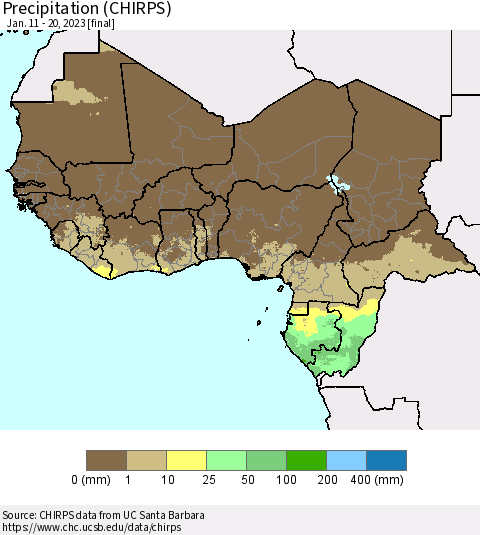 Western Africa Precipitation (CHIRPS) Thematic Map For 1/11/2023 - 1/20/2023