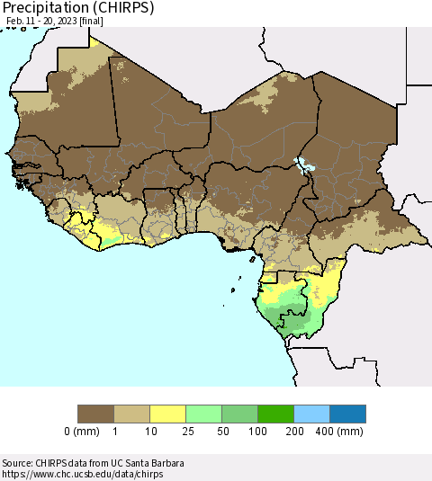 Western Africa Precipitation (CHIRPS) Thematic Map For 2/11/2023 - 2/20/2023