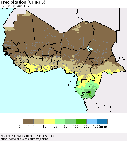 Western Africa Precipitation (CHIRPS) Thematic Map For 2/21/2023 - 2/28/2023