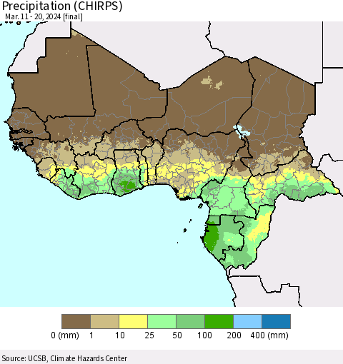 Western Africa Precipitation (CHIRPS) Thematic Map For 3/11/2024 - 3/20/2024