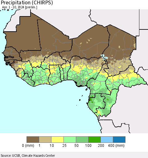 Western Africa Precipitation (CHIRPS) Thematic Map For 4/1/2024 - 4/10/2024