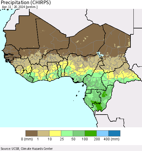 Western Africa Precipitation (CHIRPS) Thematic Map For 4/11/2024 - 4/20/2024