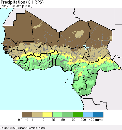 Western Africa Precipitation (CHIRPS) Thematic Map For 4/21/2024 - 4/30/2024