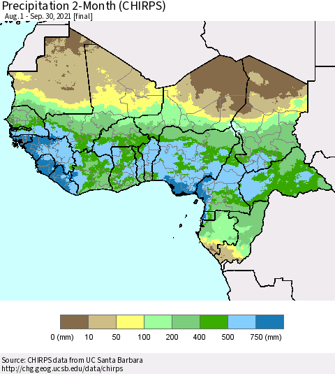 Western Africa Precipitation 2-Month (CHIRPS) Thematic Map For 8/1/2021 - 9/30/2021