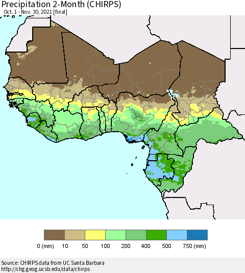 Western Africa Precipitation 2-Month (CHIRPS) Thematic Map For 10/1/2021 - 11/30/2021