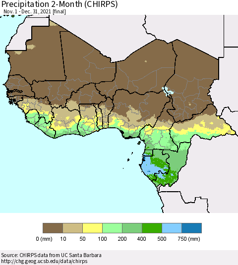 Western Africa Precipitation 2-Month (CHIRPS) Thematic Map For 11/1/2021 - 12/31/2021