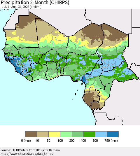 Western Africa Precipitation 2-Month (CHIRPS) Thematic Map For 7/1/2022 - 8/31/2022
