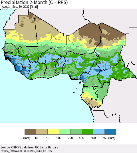 Western Africa Precipitation 2-Month (CHIRPS) Thematic Map For 8/1/2022 - 9/30/2022