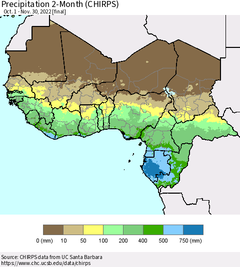 Western Africa Precipitation 2-Month (CHIRPS) Thematic Map For 10/1/2022 - 11/30/2022