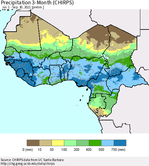 Western Africa Precipitation 3-Month (CHIRPS) Thematic Map For 7/1/2021 - 9/30/2021