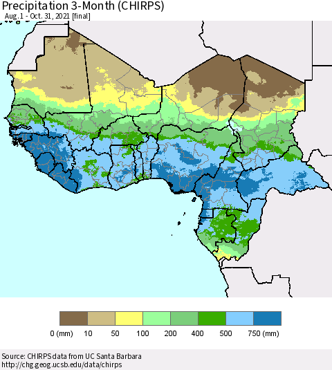 Western Africa Precipitation 3-Month (CHIRPS) Thematic Map For 8/1/2021 - 10/31/2021