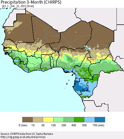 Western Africa Precipitation 3-Month (CHIRPS) Thematic Map For 10/1/2021 - 12/31/2021