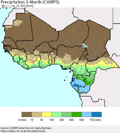 Western Africa Precipitation 3-Month (CHIRPS) Thematic Map For 11/1/2021 - 1/31/2022