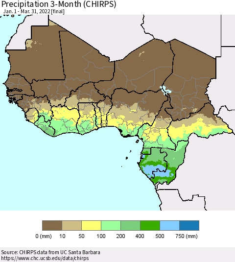 Western Africa Precipitation 3-Month (CHIRPS) Thematic Map For 1/1/2022 - 3/31/2022