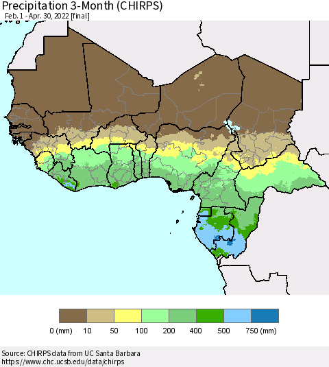 Western Africa Precipitation 3-Month (CHIRPS) Thematic Map For 2/1/2022 - 4/30/2022