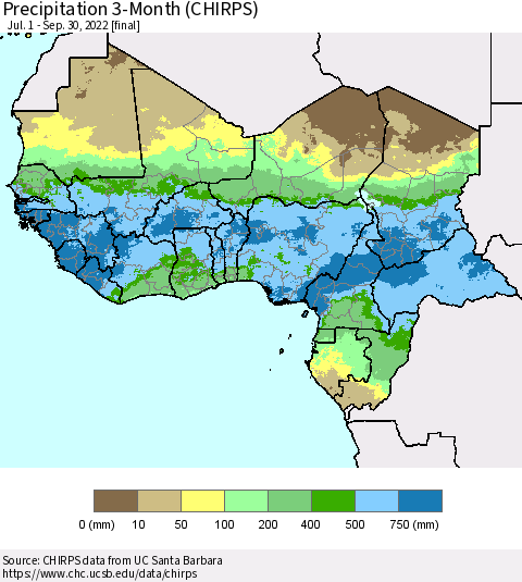 Western Africa Precipitation 3-Month (CHIRPS) Thematic Map For 7/1/2022 - 9/30/2022