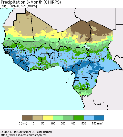 Western Africa Precipitation 3-Month (CHIRPS) Thematic Map For 8/1/2022 - 10/31/2022