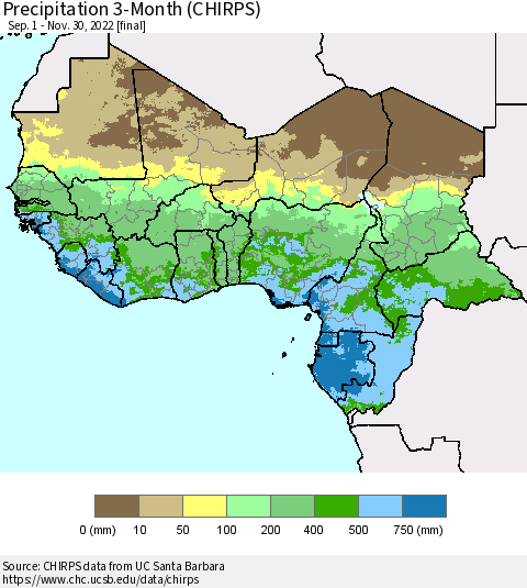 Western Africa Precipitation 3-Month (CHIRPS) Thematic Map For 9/1/2022 - 11/30/2022