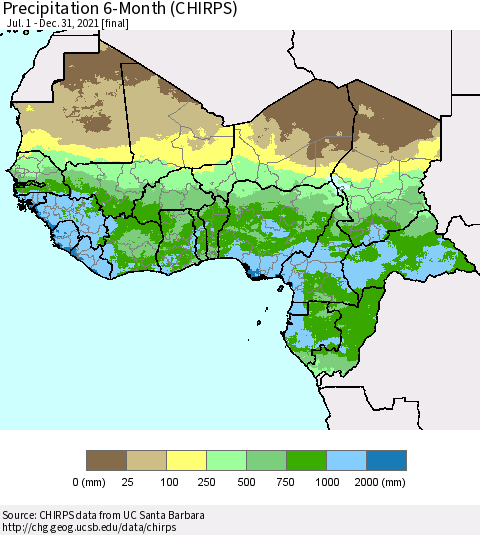 Western Africa Precipitation 6-Month (CHIRPS) Thematic Map For 7/1/2021 - 12/31/2021
