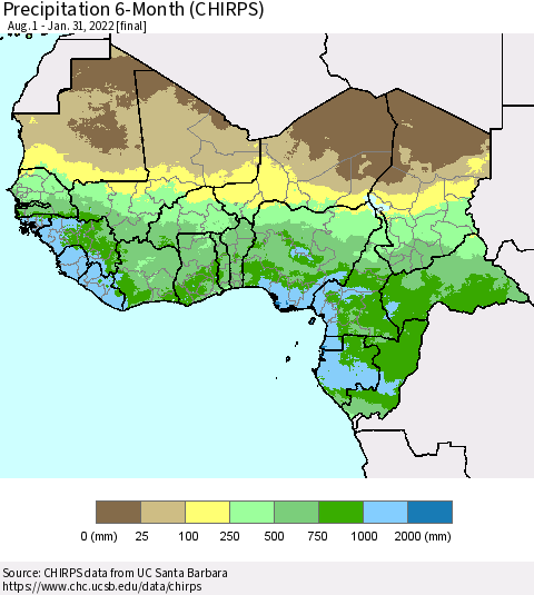 Western Africa Precipitation 6-Month (CHIRPS) Thematic Map For 8/1/2021 - 1/31/2022