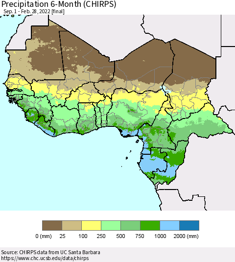 Western Africa Precipitation 6-Month (CHIRPS) Thematic Map For 9/1/2021 - 2/28/2022