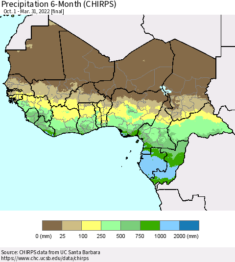 Western Africa Precipitation 6-Month (CHIRPS) Thematic Map For 10/1/2021 - 3/31/2022