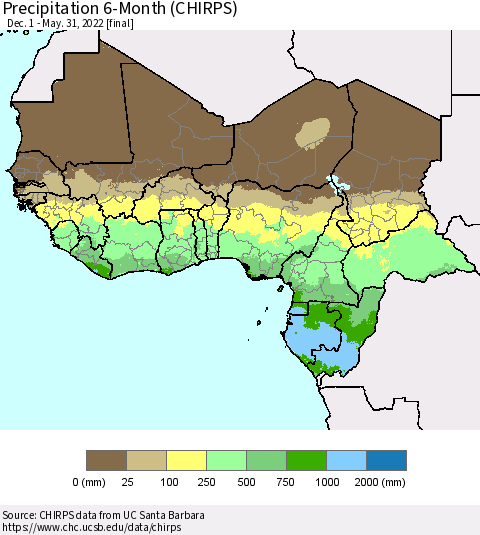 Western Africa Precipitation 6-Month (CHIRPS) Thematic Map For 12/1/2021 - 5/31/2022