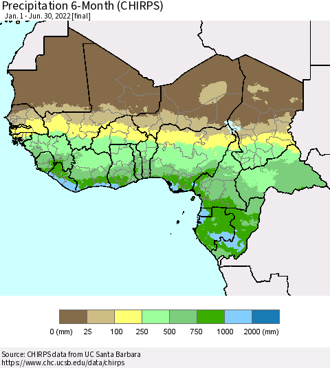 Western Africa Precipitation 6-Month (CHIRPS) Thematic Map For 1/1/2022 - 6/30/2022