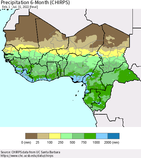 Western Africa Precipitation 6-Month (CHIRPS) Thematic Map For 2/1/2022 - 7/31/2022