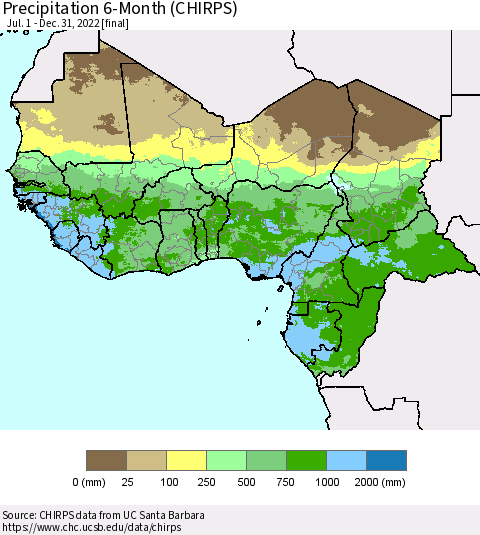 Western Africa Precipitation 6-Month (CHIRPS) Thematic Map For 7/1/2022 - 12/31/2022