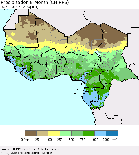 Western Africa Precipitation 6-Month (CHIRPS) Thematic Map For 8/1/2022 - 1/31/2023