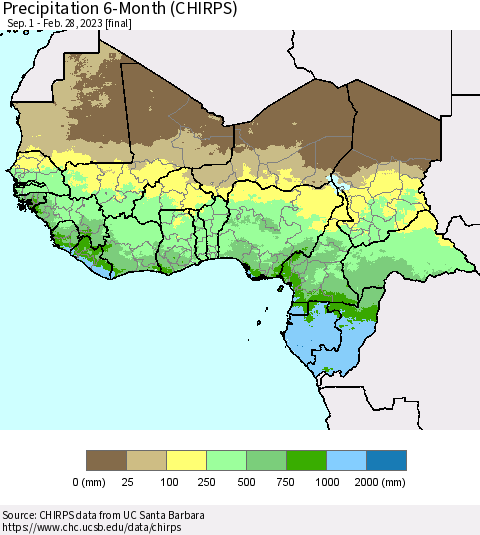 Western Africa Precipitation 6-Month (CHIRPS) Thematic Map For 9/1/2022 - 2/28/2023