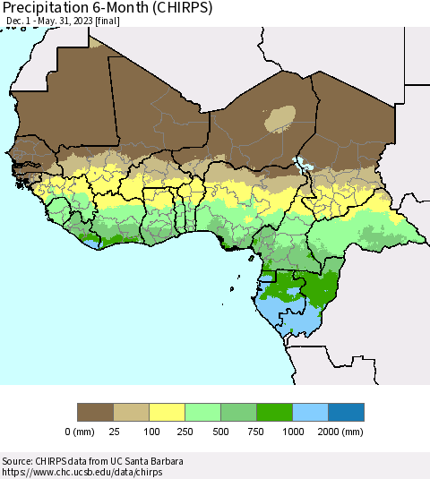 Western Africa Precipitation 6-Month (CHIRPS) Thematic Map For 12/1/2022 - 5/31/2023