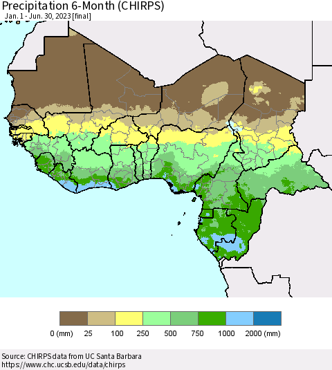 Western Africa Precipitation 6-Month (CHIRPS) Thematic Map For 1/1/2023 - 6/30/2023