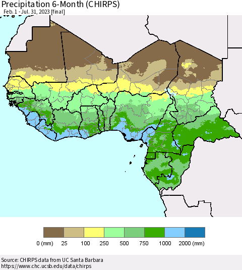 Western Africa Precipitation 6-Month (CHIRPS) Thematic Map For 2/1/2023 - 7/31/2023