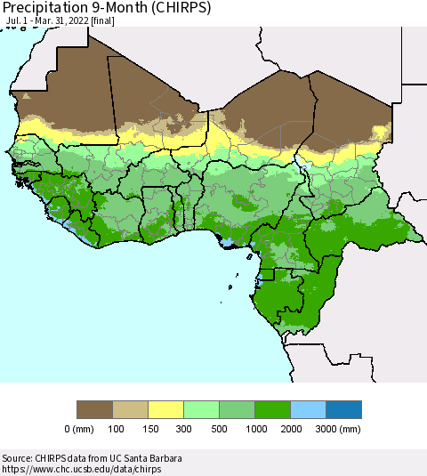 Western Africa Precipitation 9-Month (CHIRPS) Thematic Map For 7/1/2021 - 3/31/2022