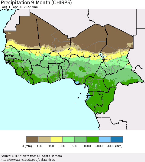 Western Africa Precipitation 9-Month (CHIRPS) Thematic Map For 8/1/2021 - 4/30/2022