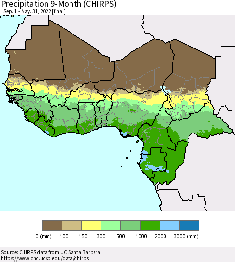 Western Africa Precipitation 9-Month (CHIRPS) Thematic Map For 9/1/2021 - 5/31/2022