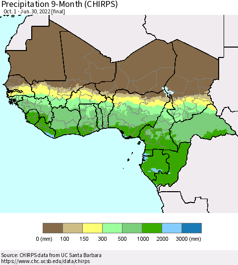 Western Africa Precipitation 9-Month (CHIRPS) Thematic Map For 10/1/2021 - 6/30/2022