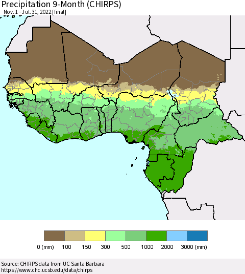 Western Africa Precipitation 9-Month (CHIRPS) Thematic Map For 11/1/2021 - 7/31/2022