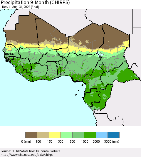 Western Africa Precipitation 9-Month (CHIRPS) Thematic Map For 12/1/2021 - 8/31/2022
