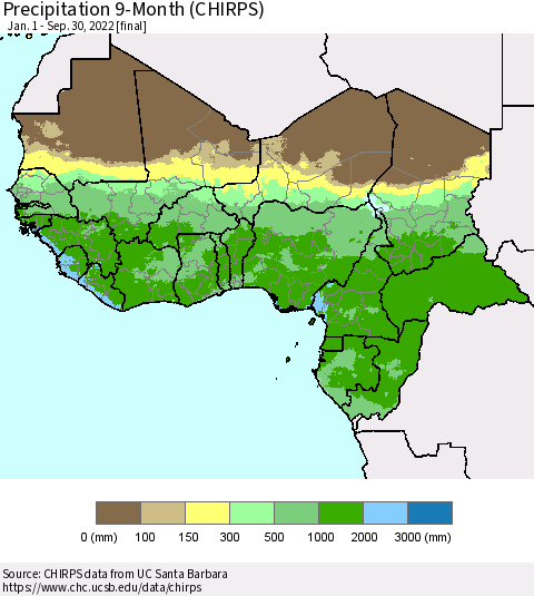 Western Africa Precipitation 9-Month (CHIRPS) Thematic Map For 1/1/2022 - 9/30/2022