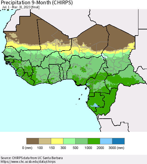 Western Africa Precipitation 9-Month (CHIRPS) Thematic Map For 7/1/2022 - 3/31/2023