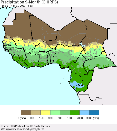 Western Africa Precipitation 9-Month (CHIRPS) Thematic Map For 9/1/2022 - 5/31/2023